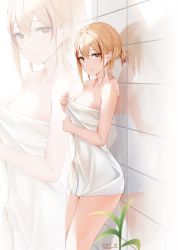 Rule 34 | 1girl, absurdres, against wall, azur lane, bare shoulders, blonde hair, breasts, cleavage, collarbone, commentary request, highres, large breasts, light blush, looking at viewer, multicolored hair, naked towel, plant, qing wu, red hair, roon (azur lane), short hair, short ponytail, smile, solo, streaked hair, towel, yellow eyes, zoom layer