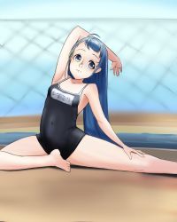 Rule 34 | 1girl, alternate costume, barefoot, black one-piece swimsuit, blue eyes, blue hair, breasts, chain-link fence, commission, competition school swimsuit, fence, gradient hair, highres, kantai collection, long hair, multicolored hair, name connection, one-piece swimsuit, origin/release/creation, samidare (kancolle), school swimsuit, small breasts, solo, stretching, swept bangs, swimsuit, very long hair