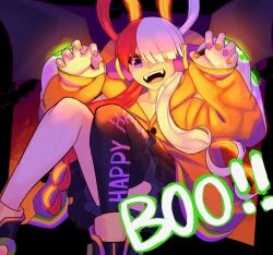 1girl caydeus commentary english_commentary hair_over_one_eye happy_halloween headphones highres jacket long_sleeves looking_at_viewer multicolored_hair one_piece open_mouth orange_jacket orange_nails purple_eyes red_hair smile solo twintails two-tone_hair uta_(one_piece) white_hair