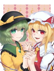 Rule 34 | 2girls, ascot, blonde hair, bow, crystal, flandre scarlet, green eyes, green hair, hat, hat bow, hat ribbon, holding hands, interlocked fingers, komeiji koishi, looking at viewer, mob cap, multiple girls, open mouth, puffy short sleeves, puffy sleeves, red eyes, red vest, ribbon, saara fkmt0622, shirt, short sleeves, side ponytail, smile, touhou, vest, wings, yellow shirt