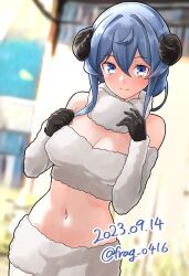 Rule 34 | 1girl, alternate costume, animal costume, bare shoulders, black gloves, blue eyes, blue hair, breasts, cleavage, commentary request, cowboy shot, dated, detached sleeves, furaggu (frag 0416), gloves, gotland (kancolle), hair between eyes, hair bun, highres, horns, kantai collection, long hair, long sleeves, medium breasts, midriff, mole, mole under eye, navel, one-hour drawing challenge, partial commentary, sheep costume, sheep horns, single hair bun, skirt, solo, strapless, tube top, twitter username, white skirt, white tube top