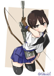 Rule 34 | 10s, 1girl, arm up, arrow (projectile), bad id, bad twitter id, black thighhighs, blush, bow (weapon), brown eyes, brown hair, collarbone, cowboy shot, cropped legs, ebifurya, eyebrows, gloves, hakama, hakama short skirt, hakama skirt, highres, holding, holding bow (weapon), holding weapon, inactive account, japanese clothes, kaga (kancolle), kantai collection, looking at viewer, multicolored background, muneate, partially fingerless gloves, partly fingerless gloves, quiver, side ponytail, single glove, skirt, solo, tasuki, thighhighs, twitter username, two-tone background, weapon, wide sleeves, yugake