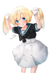 Rule 34 | 1girl, absurdres, blonde hair, blue eyes, blue sailor collar, blush, closed mouth, dated, dress, gloves, highres, jervis (kancolle), kantai collection, long hair, looking at viewer, mmk, sailor collar, sailor dress, short sleeves, signature, simple background, smile, solo, tongue, tongue out, white background, white dress, white gloves