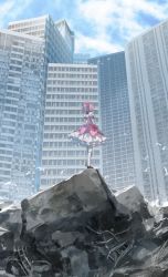 Rule 34 | 1girl, absurdres, bird, blue sky, bow, brown footwear, building, cloud, cloudy sky, day, dress, dress bow, from behind, gloves, hair ribbon, highres, kaname madoka, kneehighs, loafers, magical girl, mahou shoujo madoka magica, mahou shoujo madoka magica (anime), medium hair, pink bow, pink dress, pink hair, pink ribbon, ribbon, rsef, rubble, shirt, shirt bow, shoes, sky, socks, solo, standing, white gloves, white shirt, white socks, wide shot