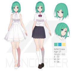 Rule 34 | 1girl, absurdres, arnold-s, black skirt, blue eyes, blush, breast pocket, breasts, character name, closed mouth, collared dress, dress, green hair, hair ornament, hairclip, high heels, highres, kneehighs, loafers, looking at viewer, mary janes, medium breasts, multiple views, original, parted lips, pocket, shoes, short hair, short sleeves, skirt, sleeveless, smile, socks, strappy heels, white dress, white socks