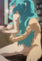 Rule 34 | 1boy, 1girl, aqua hair, ass, blush, breasts, censored, commentary, completely nude, english commentary, from side, half-closed eyes, hand on another&#039;s stomach, hetero, highres, indoors, large breasts, long hair, mosaic censoring, nipples, nude, paid reward available, penis, sex, thighs, tomoe (tsuki ga michibiku isekai douchuu), tsuki ga michibiku isekai douchuu, very long hair, zuharu