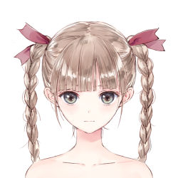 Rule 34 | 1girl, blonde hair, blue eyes, blue reflection, blue reflection (series), braid, closed mouth, collarbone, expressionless, hair ribbon, kishida mel, looking at viewer, official art, portrait, red ribbon, ribbon, shijou yuzuki, simple background, solo, twin braids, white background