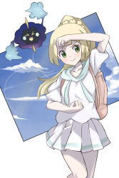 Rule 34 | 1girl, absurdres, arm up, backpack, bag, blonde hair, blush, clenched hands, closed mouth, cloud, collarbone, commentary request, cosmog, creatures (company), eyelashes, floating hair, game freak, gen 7 pokemon, green eyes, highres, legendary pokemon, lillie (pokemon), long hair, looking to the side, nintendo, pleated skirt, pokemon, pokemon (creature), pokemon sm, shirt, short sleeves, skirt, sky, smile, taku (user fhus8258), white shirt