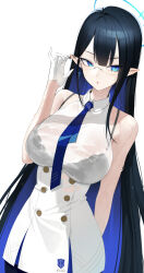 Rule 34 | 1girl, absurdres, black bra, black hair, blue archive, blue eyes, blue hair, blue necktie, bra, bra visible through clothes, breasts, colored inner hair, dress, glasses, gloves, halo, highres, k hottok, large breasts, long hair, looking at viewer, multicolored hair, necktie, pointy ears, rin (blue archive), simple background, sleeveless, sleeveless dress, solo, straight hair, sweatdrop, sweaty clothes, two-tone hair, underwear, very long hair, wet, wet clothes, white background, white dress, white gloves