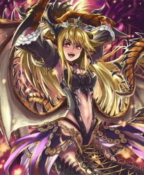 Rule 34 | 10s, 1girl, :d, arms up, artist request, blonde hair, crown, cygames, detached sleeves, dragon girl, dragon horns, dragon tail, dragon wings, dragonewt princess, frilled sleeves, frills, horns, loincloth, long hair, navel, official art, open mouth, orange eyes, pointy ears, raised eyebrow, scales, shadowverse, shingeki no bahamut, smile, spikes, tail, teeth, wings