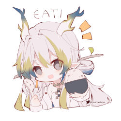 Rule 34 | !, 1girl, :d, arknights, bare shoulders, black eyes, blue hair, blush, bowl, chibi, commentary, cropped torso, dragon girl, dragon horns, english commentary, english text, green hair, hair between eyes, hair intakes, highres, holding, holding bowl, holding spoon, horns, jacket, jewelry, looking at viewer, multicolored hair, necklace, notice lines, off shoulder, open clothes, open jacket, open mouth, pushu, rice, rice bowl, shamoji, shirt, shu (arknights), simple background, smile, solo, spoon, strapless, strapless shirt, streaked hair, twitter logo, twitter username, upper body, white background, white hair, white jacket, white shirt