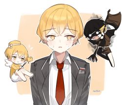 Rule 34 | 1boy, axe, bird, black jacket, blonde hair, branch, chibi, formal, jacket, limbus company, love mintchoco, necktie, project moon, red necktie, shaded face, shirt, short hair, sinclair (project moon), tears, white shirt, yellow eyes