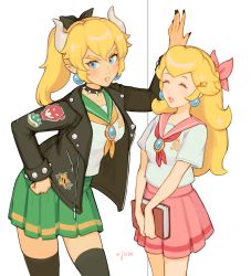 Rule 34 | 2girls, artist name, black bow, black collar, black legwear, black nails, blonde hair, blue eyes, blush, bow, bowser logo, bowsette, breasts, brooch, closed eyes, collar, collarbone, curly hair, earrings, eyebrows, eyelashes, fang, fang out, female focus, fingernails, green skirt, hair bow, hair ornament, hairclip, hand on own hip, hand up, hands on lap, horns, jacket, jewelry, jivke, large breasts, leather, leather jacket, lips, long fingernails, long hair, looking at viewer, mario (series), multiple girls, nail polish, nintendo, parted lips, patch, pink bow, pink skirt, pleated skirt, pointy ears, ponytail, princess peach, sailor collar, school uniform, short sleeves, simple background, skirt, small breasts, smile, spiked collar, spikes, standing, thick eyebrows, thighhighs