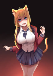 Rule 34 | 1girl, absurdres, ahoge, animal ears, blazer, blonde hair, blue eyes, breasts, cat ears, claws, collared shirt, evil smile, fangs, fantasy, highres, jacket, large breasts, leaning forward, long hair, long sleeves, looking at viewer, neckerchief, open clothes, open jacket, open mouth, original, pleated skirt, rinko riban, school uniform, self-upload, shirt, simple background, skirt, smile, solo, standing, tail, uniform, white shirt