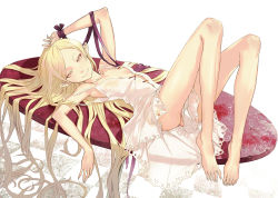 Rule 34 | 10s, 1girl, ass, bakemonogatari, bare legs, bare shoulders, barefoot, blonde hair, breasts, cleavage, commentary request, dress, kiss-shot acerola-orion heart-under-blade, kizumonogatari, long hair, looking at viewer, lying, md5 mismatch, monogatari (series), no panties, on back, oshino shinobu, pointy ears, redjuice, ribbon, small breasts, smile, solo, very long hair, white dress, wrist ribbon, yellow eyes