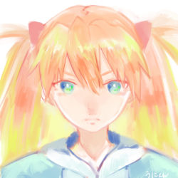 Rule 34 | &gt;:(, 1girl, bad id, bad pixiv id, blonde hair, blue eyes, close-up, closed mouth, expressionless, frown, gradient hair, hair between eyes, hairpods, interface headset, long hair, looking at viewer, multicolored hair, neon genesis evangelion, orange hair, signature, simple background, souryuu asuka langley, twintails, upper body, v-shaped eyebrows, yellow background