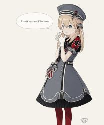 Rule 34 | 1girl, adapted costume, aged down, alternate costume, anchor hair ornament, aqua eyes, blonde hair, brown background, cross, dress, feet out of frame, german text, gloves, grey hat, hair between eyes, hair ornament, hat, highres, iron cross, kantai collection, kokudou juunigou, looking at viewer, low twintails, multicolored clothes, multicolored dress, own hands together, pantyhose, peaked cap, prinz eugen (kancolle), red pantyhose, sailor hat, simple background, solo, translated, twintails, white gloves