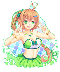 Rule 34 | 1girl, 33paradox, ahoge, bare shoulders, bow, bracelet, breasts, brown hair, bustier, cheerleader, cleavage, collarbone, cropped torso, double v, green bow, green eyes, green skirt, hair bow, hair ornament, hairclip, highres, jewelry, long hair, looking at viewer, medium breasts, midriff, miniskirt, navel, open mouth, original, shiny skin, side ponytail, simple background, skirt, smile, solo, stomach, strapless, upper body, v, white background