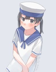 Rule 34 | 1girl, black hair, blue sailor collar, cowboy shot, dress, grey background, hat, kantai collection, one-hour drawing challenge, purple eyes, sailor collar, sailor dress, sailor hat, short hair, short sleeves, shounan (kancolle), simple background, solo, suppaman (rfjy), twintails, white dress