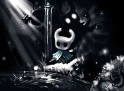 Rule 34 | blue cape, cape, dark, grass, highres, hollow knight, horned mask, knight (hollow knight), lake, light, mask, maskv, nail (hollow knight), no humans, pillbug, ripples, shade (hollow knight), signpost, standing
