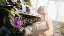 Rule 34 | 1girl, absurdres, blue flower, completely nude, dampi, flower, from side, highres, indoors, instrument, long hair, looking to the side, music, nude, one side up, open mouth, orange flower, original, piano, plant, playing instrument, purple flower, scissors, sitting, solo, white flower, white hair, window, yellow eyes