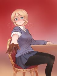 Rule 34 | 10s, 1girl, absurdres, aomushi (mushamusha), black pantyhose, blonde hair, blue eyes, blue skirt, blue sweater, braid, breath, chair, chocolate, chocolate covered, chocolate on hand, darjeeling (girls und panzer), dress shirt, dripping, female focus, food on hand, girls und panzer, highres, long sleeves, looking at viewer, outstretched arm, outstretched hand, pantyhose, pleated skirt, red background, school uniform, shirt, short hair, sitting, skirt, sleeves rolled up, solo, sweater, table, twin braids, v-neck, white shirt