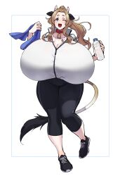 Rule 34 | 1girl, animal ears, bobobon, bottle, breasts, cleavage, cow ears, cow girl, cow horns, cow tail, cowbell, female focus, full body, gigantic breasts, highres, holding, holding bottle, holding towel, horns, pants, shirt, short eyebrows, solo, standing, tail, thick eyebrows, thick thighs, thighs, towel, water bottle, white background, white shirt, wide hips