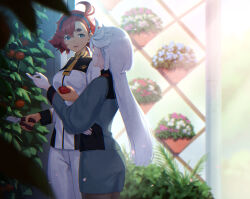 Rule 34 | 2girls, ahoge, aqua eyes, asticassia school uniform, asymmetrical bangs, backlighting, black hairband, blue flower, blurry, blurry background, blurry foreground, breasts, brown pantyhose, clippers, commentary request, cowboy shot, day, facing away, falling petals, flower, flower pot, food, from side, green jacket, green shorts, grey hair, gundam, gundam suisei no majo, hair between eyes, hairband, hand on own stomach, hand up, highres, holding, holding food, holding vegetable, jacket, light particles, long hair, long sleeves, looking at another, looking to the side, low ponytail, medium breasts, miorine rembran, multiple girls, nuenue, outdoors, pants, pantyhose, pantyhose under shorts, parted lips, petals, pink flower, plant, ponytail, potted plant, red hair, school uniform, shade, shorts, smile, standing, suletta mercury, sunlight, thick eyebrows, tomato, vegetable, very long hair, white flower, white jacket, white pants