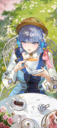 Rule 34 | 1girl, absurdres, ayaka (genshin impact), blue dress, blue eyes, blue hair, braided hair rings, brown headwear, butterfly hair ornament, butterfly ring, buttons, closed mouth, cup, double-breasted, dress, field, flower, flower field, genshin impact, hair flower, hair ornament, highres, holding, holding cup, holding saucer, kamisato ayaka, kamisato ayaka (springbloom missive), light blue hair, lips, long sleeves, looking to the side, mole, mole under eye, multicolored clothes, multicolored dress, official alternate costume, official alternate hairstyle, on chair, outdoors, parted lips, pink flower, pov across table, puffy long sleeves, puffy sleeves, red lips, saucer, shirt, sitting, smile, solo, sssong aa, sugar cube, table, tea, teacup, teapot, white flower, white shirt