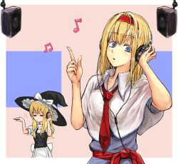 Rule 34 | 2girls, = =, alice margatroid, apron, black headwear, black vest, blonde hair, blue dress, blue eyes, border, bow, capelet, collared capelet, commentary request, cookie (touhou), cowboy shot, dress, hairband, hat, hat bow, headphones, hinase (cookie), kirisame marisa, listening to music, long hair, medium hair, multiple girls, musical note, necktie, open mouth, outside border, red hairband, red neckwear, red sash, sash, short sleeves, speaker, touhou, uzuki (cookie), vest, waist apron, white apron, white border, white bow, white capelet, witch hat, yma