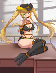 Rule 34 | 1girl, absurdres, arms behind back, azur lane, ball gag, bdsm, belt, bikini, bikini top only, black bikini, black hat, black shorts, black sleeves, black thighhighs, blonde hair, blush, bondage, bound, bound ankles, bound arms, bound legs, breasts, cleavage, commission, cowboy hat, cutoffs, day, desk, detached sleeves, full body, gag, gagged, green eyes, haimei1980, hair between eyes, hat, highres, hornet (azur lane), indoors, large breasts, long hair, looking at viewer, navel, on desk, pixiv commission, restrained, rope, shadow, shibari, shibari over clothes, short shorts, shorts, sidelocks, sitting, solo, swimsuit, thighhighs, twintails, very long hair, wall, white thighhighs, window shadow, yellow belt, yokozuwari