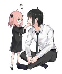 Rule 34 | 1boy, 1girl, ahoge, anya (spy x family), artist name, bangs, black dress, black footwear, black hair, black necktie, blue socks, blush, bow, bowtie, collared shirt, commentary request, dress, full body, green eyes, grey bow, grey bowtie, grey pants, grey socks, hair between eyes, hair ornament, hairpods, hands on another&#039;s face, hands up, highres, long sleeves, looking at another, necktie, no shoes, open mouth, pants, pink hair, red eyes, rii tome, shirt, shoes, short hair, simple background, sitting, socks, spy x family, standing, translation request, uncle and niece, v-shaped eyebrows, white background, white shirt, wide sleeves, yuri briar