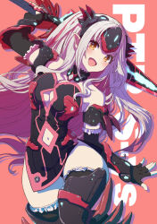 Rule 34 | :d, arm behind back, armor, bare shoulders, black dress, black gloves, black thighhighs, blush, breasts, cleavage, cleavage cutout, clothing cutout, cowboy shot, dot nose, dress, elbow gloves, energy sword, fingerless gloves, gloves, greaves, grey hair, highres, holding, holding sword, holding weapon, kagawa yuusaku, large breasts, long bangs, long hair, looking at viewer, nanashi inc., navel, navel cutout, open mouth, orange eyes, pelvic curtain, red background, side slit, sleeveless, sleeveless dress, smile, suou patra, sword, thighhighs, thighs, vambraces, virtual youtuber, weapon