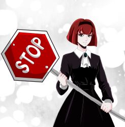 Rule 34 | 1girl, ascot, black dress, black eyes, black hairband, breasts, collared dress, dress, hairband, highres, holding, holding sign, light frown, looking at viewer, medium breasts, megadeus mommy, r dorothy wayneright, red hair, road sign, short hair, sign, solo, stop sign, the big o, white ascot