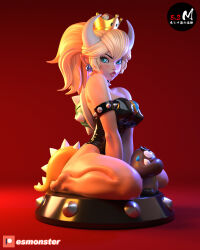 1girl 3d artist_name bare_shoulders blonde_hair blue_eyes bowsette breasts chest_jewel earrings feet full_body goomba horns jewelry kneeling large_breasts latex mario_(series) new_super_mario_bros._u_deluxe nintendo platform pointy_ears ponytail red_background shell spiked_shell sweatdrop tail tongue tongue_out