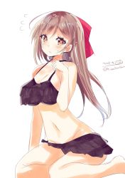 Rule 34 | 1girl, bare shoulders, bikini, black bikini, blush, breasts, brown hair, cleavage, closed mouth, frilled bikini, frilled swimsuit, frills, hair between eyes, hair ornament, hair ribbon, highres, hizaka, kantai collection, large breasts, long hair, looking at viewer, mamiya (kancolle), navel, one-hour drawing challenge, open mouth, ribbon, simple background, sitting, solo, sweat, swimsuit, twitter username, white background