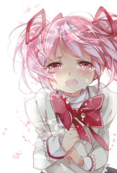 Rule 34 | 1girl, ayumaru (art of life), crying, crying with eyes open, flat chest, floating hair, furrowed brow, hair ribbon, half-closed eyes, hands on own chest, high collar, juliet sleeves, kaname madoka, light particles, long sleeves, looking at viewer, mahou shoujo madoka magica, mahou shoujo madoka magica (anime), mitakihara school uniform, neck ribbon, open mouth, pink eyes, pink hair, puffy sleeves, red ribbon, ribbon, sad, school uniform, simple background, solo, streaming tears, tears, twintails, uniform, upper body, white background