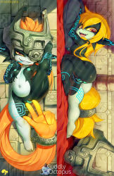 Rule 34 | 1girl, :d, artist name, ass, colored sclera, colored skin, commentary, dakimakura (medium), english commentary, fangs, finger to mouth, full body, helmet, highres, krokobyaka, looking at viewer, lying, midna, multicolored skin, multiple views, naughty face, navel, nintendo, nipples, on side, one eye covered, open mouth, pointy ears, prehensile hair, pussy, sharp teeth, shortstack, smile, spread pussy, stomach, teeth, the legend of zelda, the legend of zelda: twilight princess, tongue, two-tone skin, yellow sclera