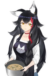 Rule 34 | 1girl, absurdres, animal ear fluff, animal ears, animal print, apron, black hair, blush, closed mouth, denim, earrings, highres, holding, holding pot, hololive, jeans, jewelry, long hair, long sleeves, looking at viewer, low-braided long hair, low-tied long hair, multicolored hair, nail polish, ookami mio, pants, pink nails, pot, red hair, simple background, single earring, smile, solo, streaked hair, sweater, very long hair, virtual youtuber, white background, white sweater, wolf ears, wolf girl, yamabuki7979, yellow eyes