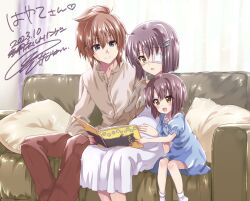 Rule 34 | 1boy, 2girls, absurdres, asou renji, blue dress, blue eyes, blush, book, brown hair, commission, couch, dated, dress, ef (visual novel), eyepatch, family, hair ornament, hairclip, highres, holding, holding book, husband and wife, indoors, kuroi mimei, legs, mother and daughter, multiple girls, open book, open mouth, pixiv commission, pregnant, purple hair, shindou chihiro, short hair, signature, sitting, smile, socks, white dress, yellow eyes