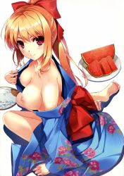 Rule 34 | 1girl, absurdres, barefoot, blonde hair, blush, bow, breasts, character request, comic aun, detexted, hand fan, feet, floral print, food, fruit, hair bow, highres, japanese clothes, kimono, kimono pull, large breasts, long hair, looking at viewer, misaki kurehito, nipples, open clothes, paper fan, plate, ponytail, purple eyes, simple background, sitting, smile, solo, third-party edit, uchiwa, watermelon, white background, yokozuwari