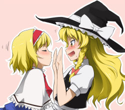 Rule 34 | 2girls, alice margatroid, blonde hair, blush, female focus, hat, imminent kiss, kirisame marisa, multiple girls, simple background, sweat, touhou, witch, witch hat