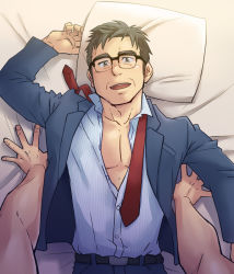 Rule 34 | 2boys, bara, belly, formal, glasses, light blush, looking at viewer, lying, male focus, mature male, multiple boys, necktie, old, old man, on back, original, partially unbuttoned, pectoral cleavage, pectorals, pov, pov hands, salaryman, shirt, short hair, sideburns, smile, striped clothes, striped shirt, suit, suv (suv032), thick eyebrows, toned, toned male, undone necktie, upper body, wrinkled skin, yaoi