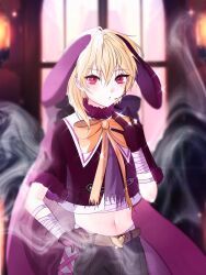 Rule 34 | 1boy, androgynous, animal ears, bandaged arm, bandaged torso, bandages, blonde hair, candlelight, ensemble stars!, fake animal ears, hand on own hip, headset, highres, looking at viewer, male focus, nanachoo, nito nazuna, open mouth, rabbit ears, red eyes, red shirt, shirt, short hair, solo, window