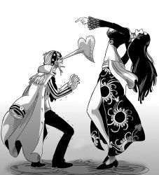 Rule 34 | 1boy, 1girl, black hair, boa hancock, breasts, koby (one piece), height difference, long hair, monochrome, one piece, smile