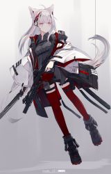 Rule 34 | 1girl, ahoge, animal ears, black footwear, black shorts, boots, breasts, closed mouth, collared shirt, commentary, dress shirt, full body, grey background, grey hair, grey shirt, gun, headgear, highres, holding, holding gun, holding weapon, jacket, kriss vector, long hair, long sleeves, looking away, nagishiro mito, open clothes, open jacket, original, pink eyes, red thighhighs, shirt, short shorts, shorts, small breasts, solo, submachine gun, tail, thighhighs, thighhighs under boots, trigger discipline, weapon, white jacket, wide sleeves