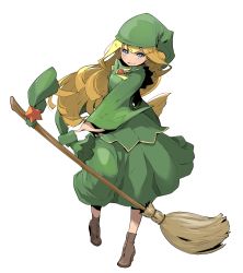 Rule 34 | 1girl, absurdres, blonde hair, blue eyes, breasts, broom, character request, dress, enami katsumi, hat, highres, long hair, looking at viewer, open mouth, simple background, smile, solo, white background, witch, witch hat