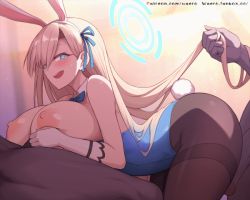 Rule 34 | 1girl, 2boys, animal ears, animated, animated gif, asuna (blue archive), asuna (bunny) (blue archive), blonde hair, blue archive, blue bow, blue bowtie, blue eyes, blue leotard, blue ribbon, blush, bow, bowtie, breasts, brown pantyhose, dark-skinned male, dark skin, detached collar, doggystyle, fake animal ears, gloves, hair ribbon, halo, holding another&#039;s hair, huge breasts, interracial, leotard, leotard pull, long hair, multiple boys, nipples, open mouth, paizuri, pantyhose, penis, playboy bunny, rabbit ears, rabbit tail, ribbon, sex, sex from behind, tail, thighband pantyhose, very long hair, waero, white gloves