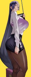 Rule 34 | 1girl, absurdres, bad id, bad twitter id, black skirt, breasts, closed mouth, commentary request, fate (series), highres, large breasts, long hair, looking at viewer, minamoto no raikou (fate), miniskirt, pantyhose, parted bangs, pointer, purple eyes, purple hair, see-through, shiny clothes, shirt, simple background, skirt, teacher, thighs, very long hair, white shirt, yoshio (55level)