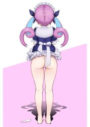 Rule 34 | 1girl, absurdres, ass, back bow, barefoot, blue dress, blue hair, blue ribbon, bottomless, bow, clothes lift, colored inner hair, commentary, dress, dress lift, from behind, full body, hair ribbon, highres, hololive, long hair, maid, maid headdress, minato aqua, minato aqua (1st costume), multicolored hair, panties, unworn panties, pink hair, puffy short sleeves, puffy sleeves, ribbon, shadow, short sleeves, solo, standing, two-tone hair, underwear, virtual youtuber, white bow, white panties, zonzu